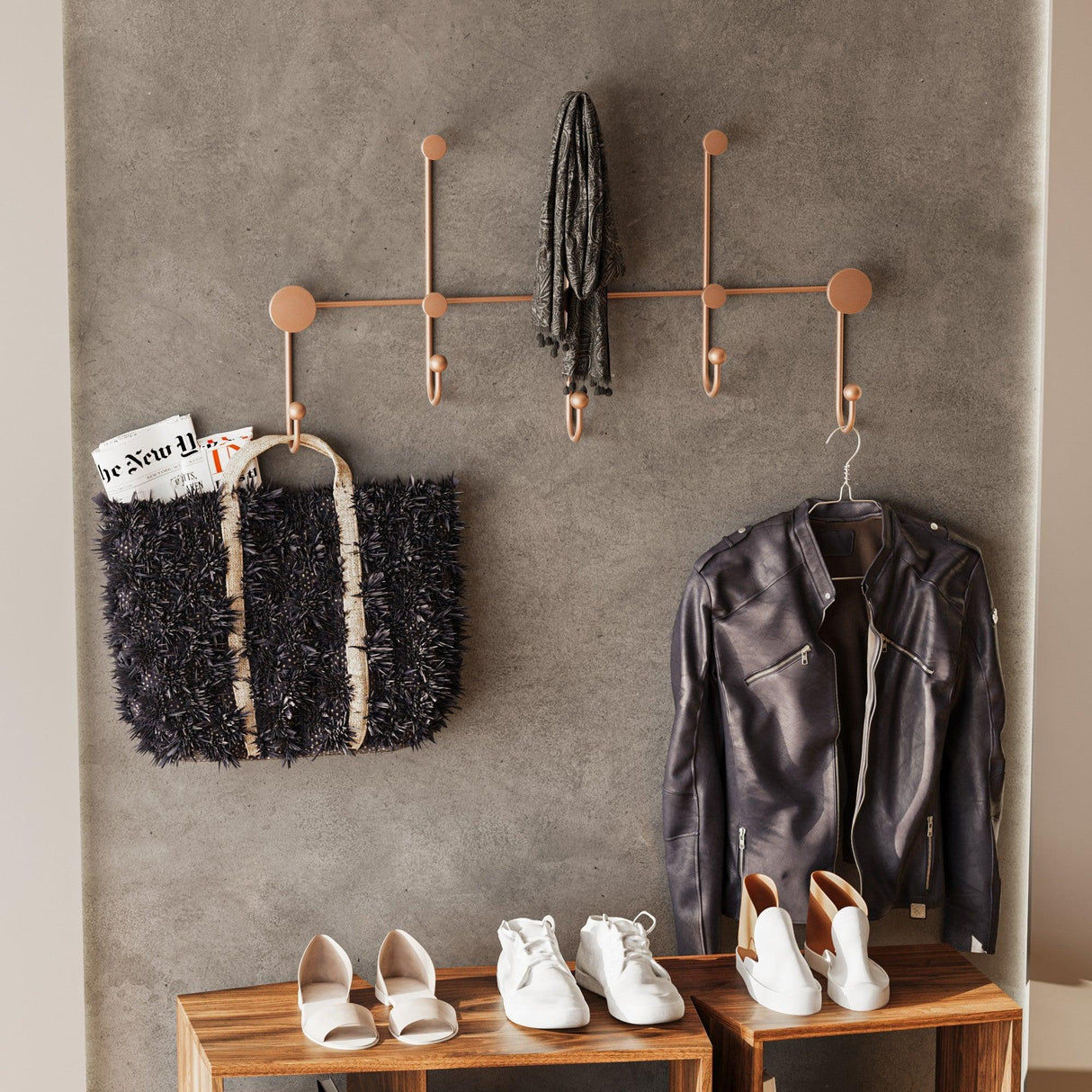 Cuier de hol metalic Metal Wall Hook Antonio 4, Cupru, 80x45x10 cm