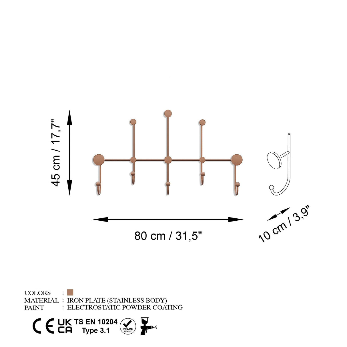 Cuier de hol metalic Metal Wall Hook Antonio 4, Cupru, 80x45x10 cm