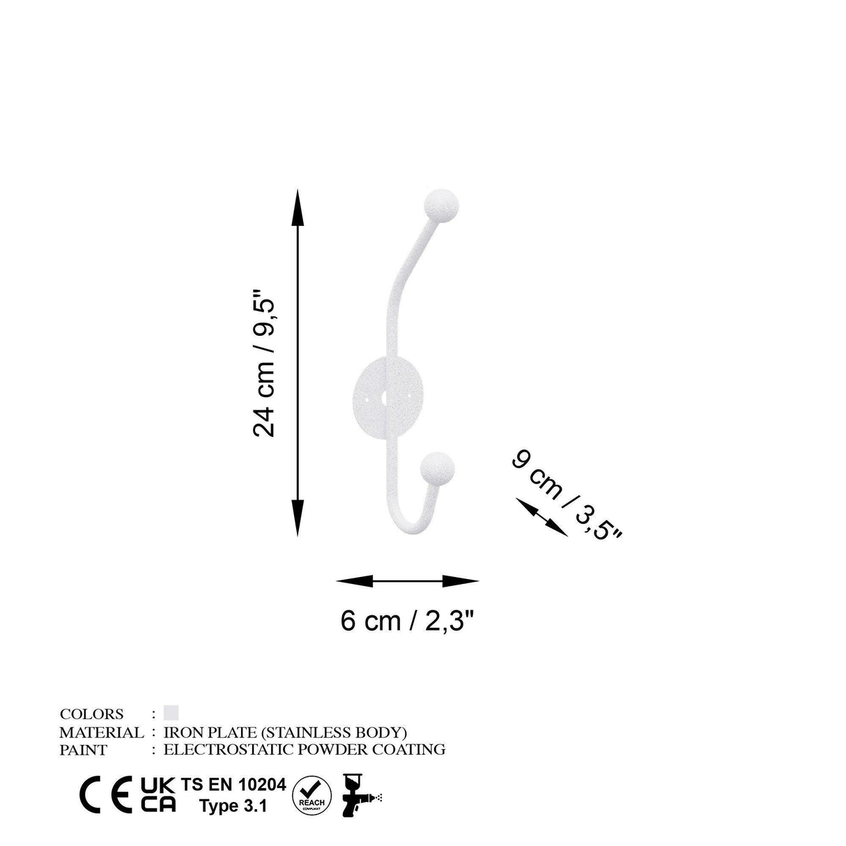 Cuier de hol metalic Metal Wall Hook Antonio 7, Alb, 6x9 cm