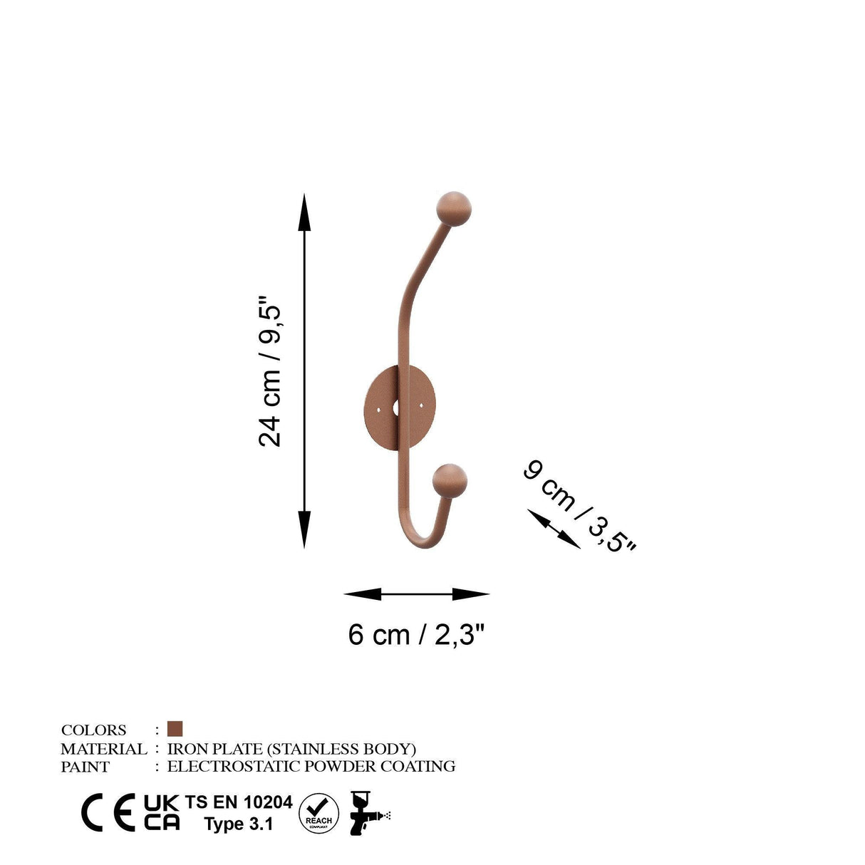Cuier de hol metalic Metal Wall Hook Antonio 8, Cupru, 6x9 cm