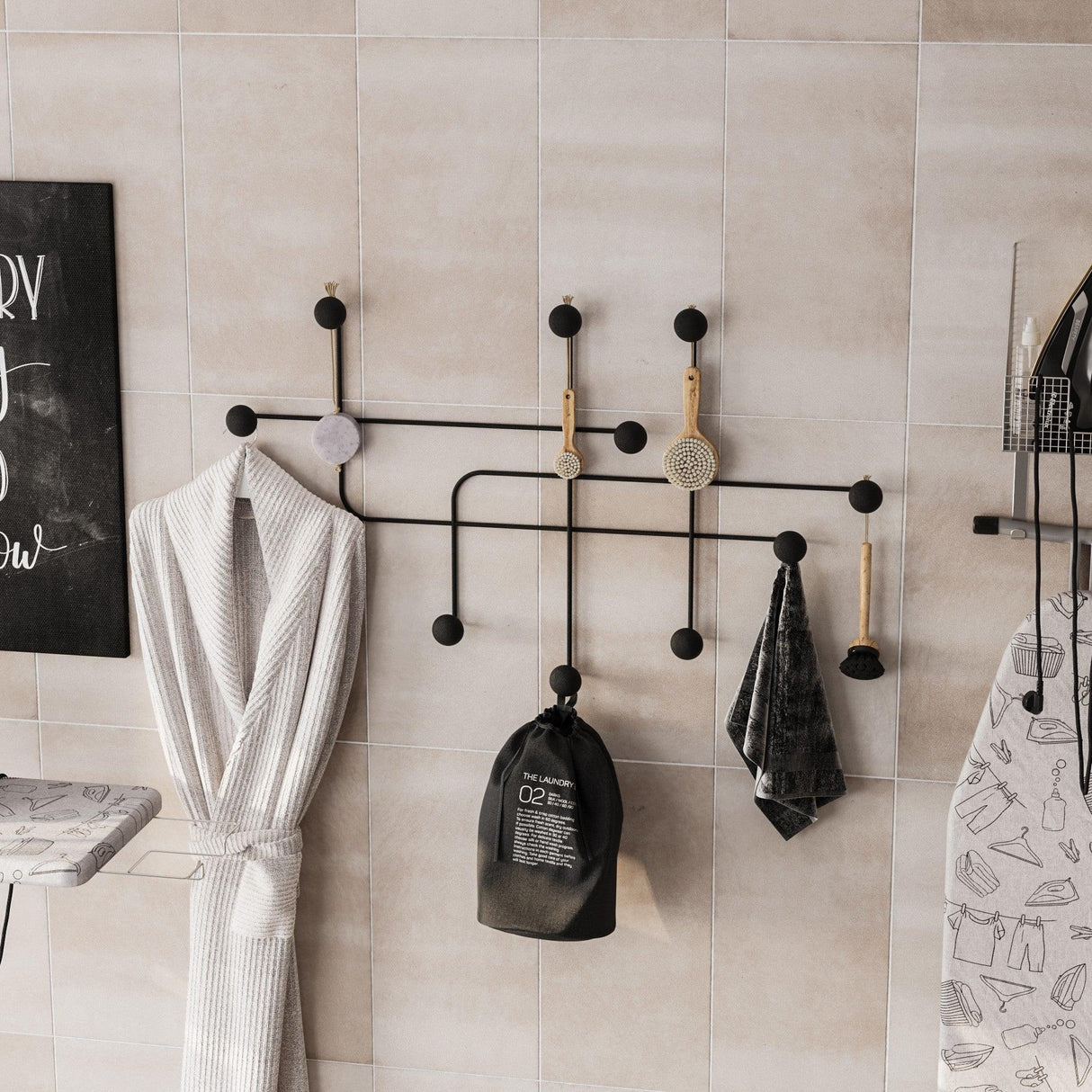 Cuier de hol metalic Metal Wall Hook Antonio 9, Negru, 107x64x10 cm