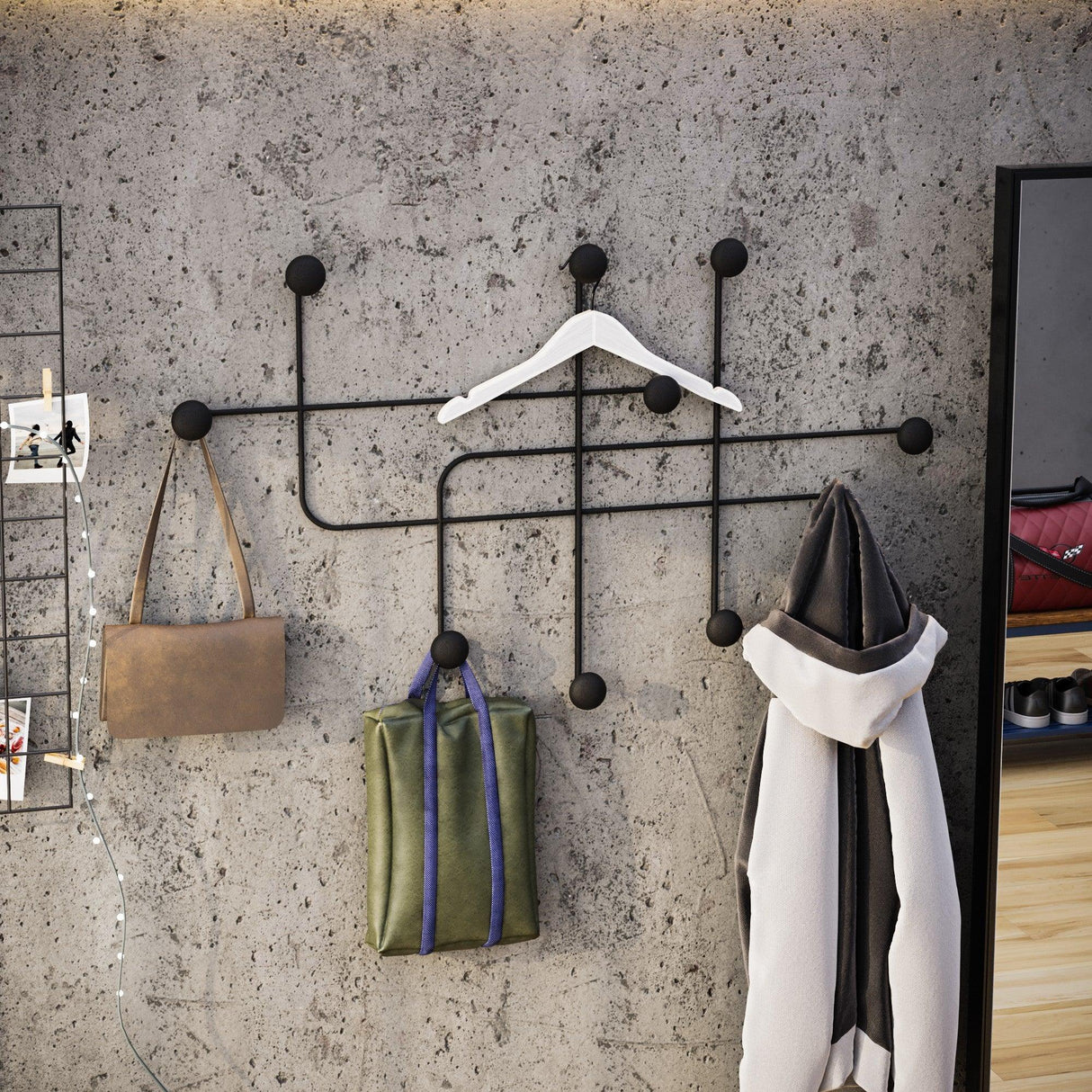 Cuier de hol metalic Metal Wall Hook Antonio 9, Negru, 107x64x10 cm