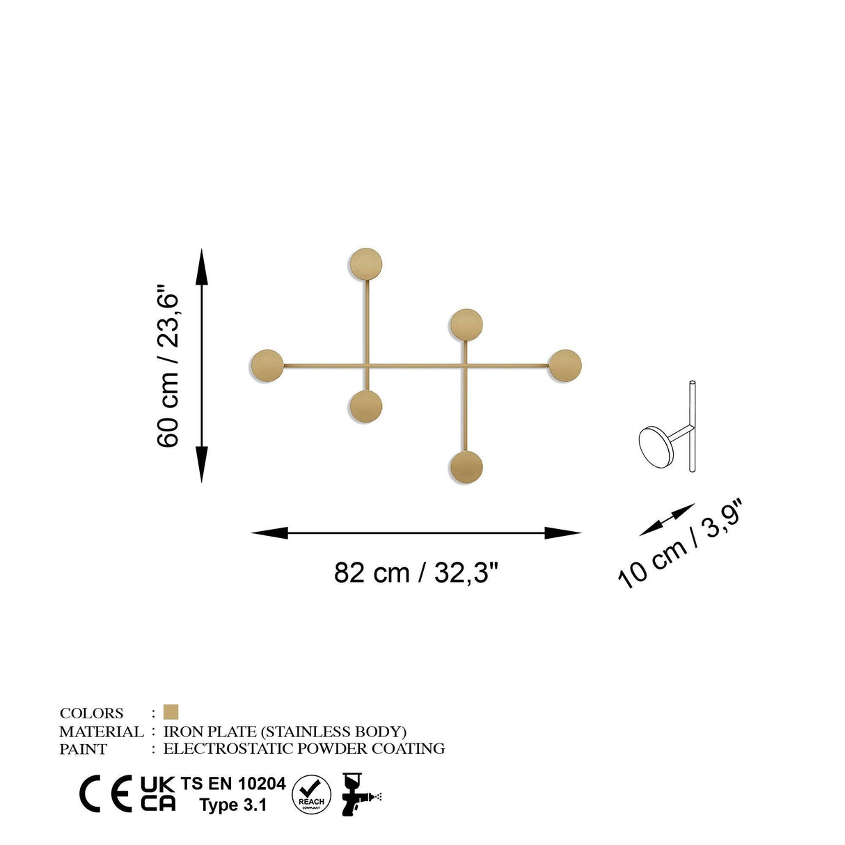 Cuier de hol metalic Metal Wall Hook Artistic 2, Aur, 82x60x10 cm