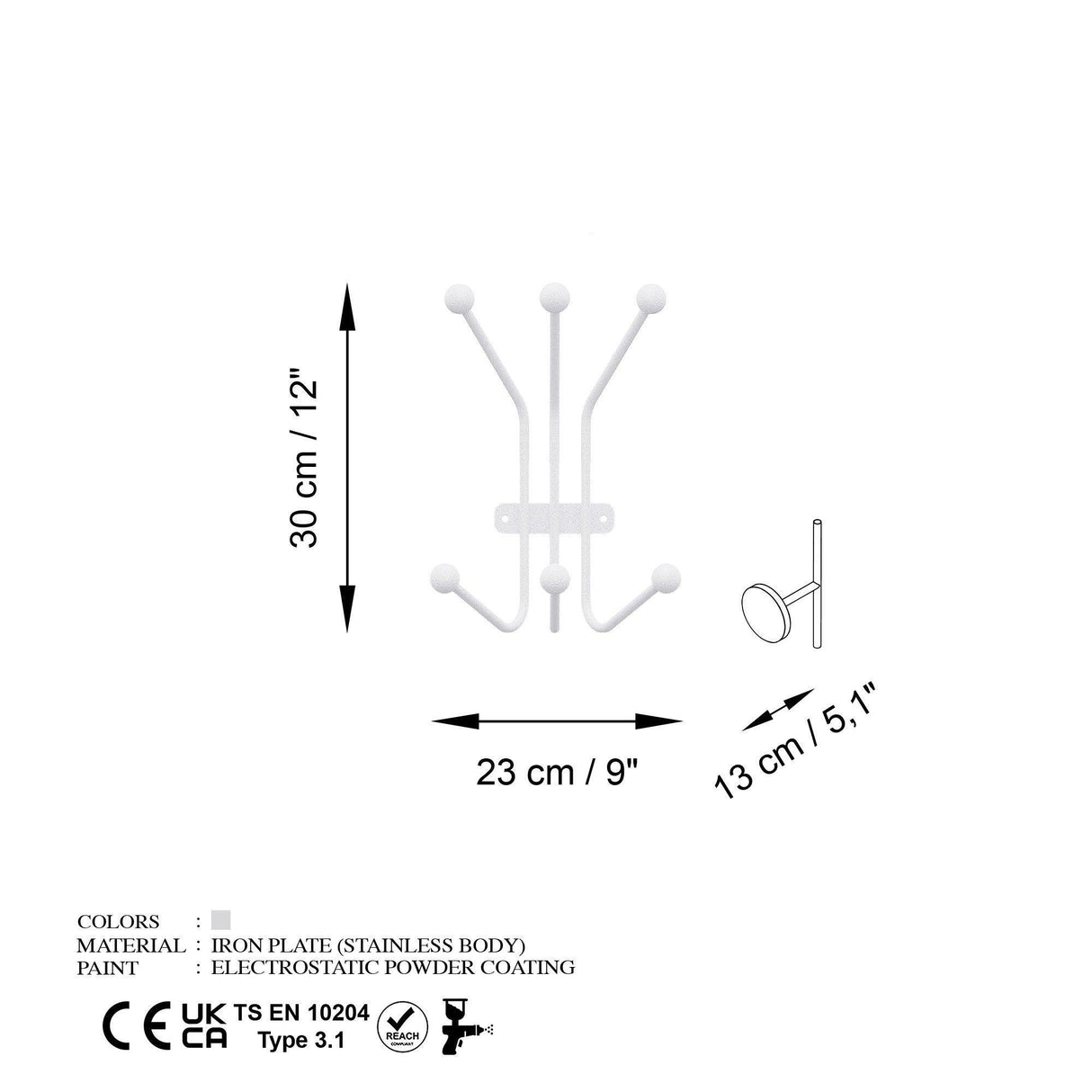 Cuier de hol metalic Metal Wall Hook Classic 1, Alb, 23x13 cm