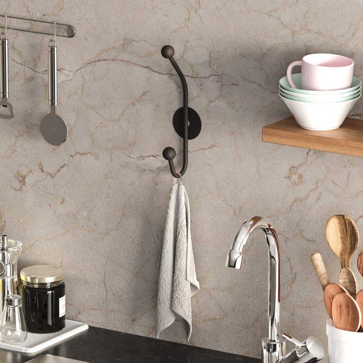 Cuier de hol metalic Metal Wall Hook Elegance 3, Negru, 6x9 cm