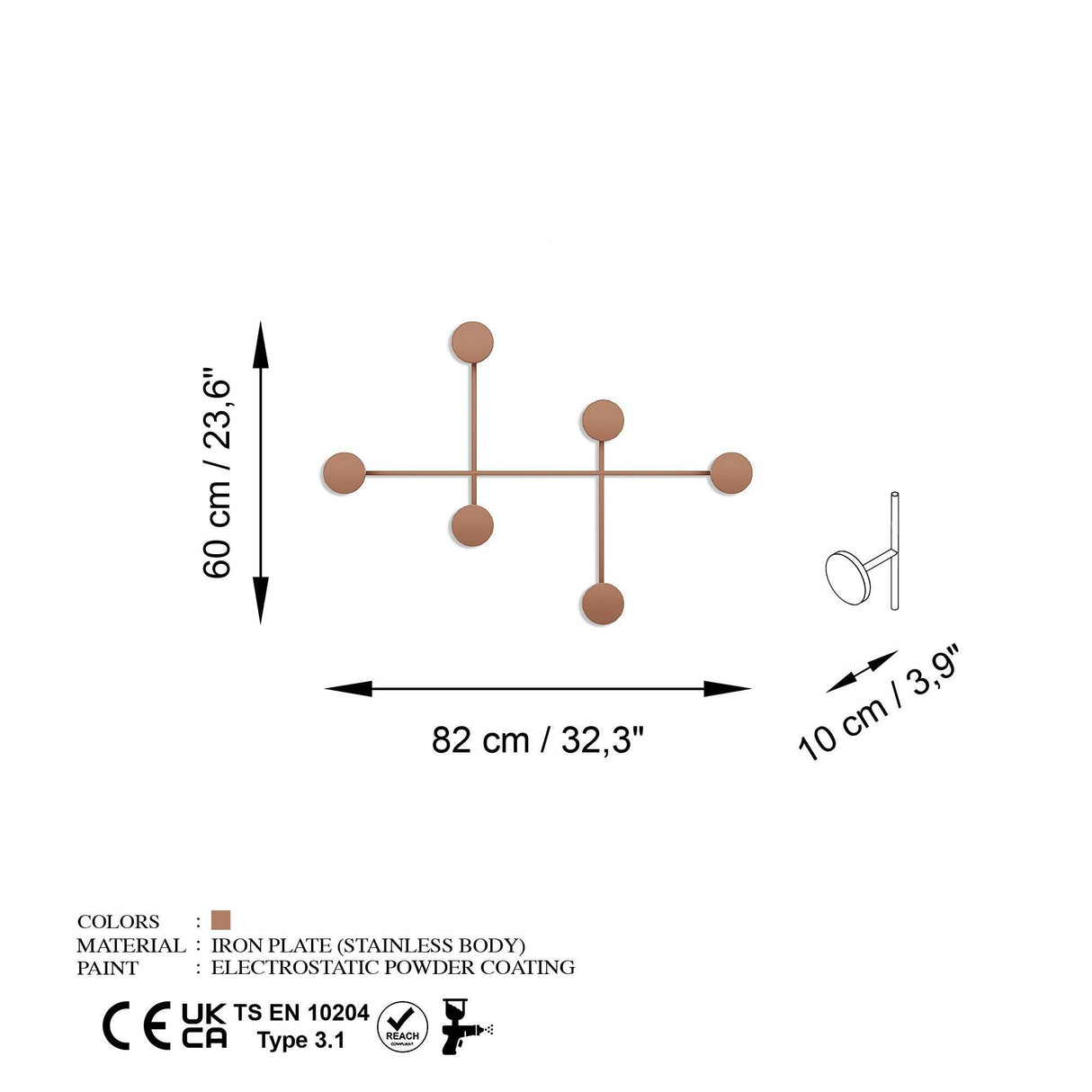 Cuier de hol metalic Metal Wall Hook Lux 2, Cupru, 82x60x10 cm