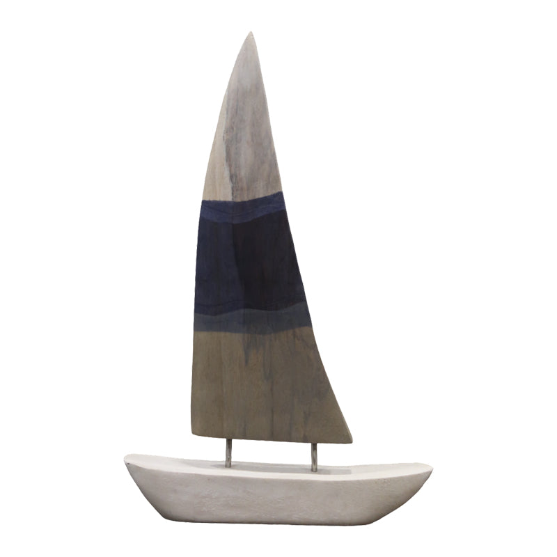 Decoratiune de masa nava Elize alb-Gri-albastru lemn de mango-fier, 30x5x48 cm