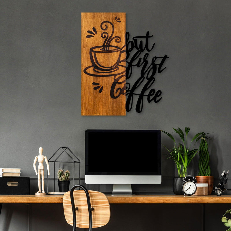 Decoratiune de perete lemn Coffee First, Nuc, 50x58x3 cm