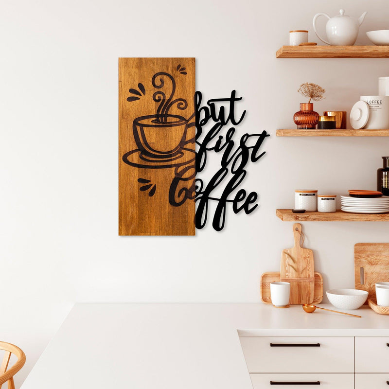 Decoratiune de perete lemn Coffee First, Nuc, 50x58x3 cm