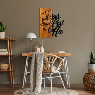 Decoratiune de perete lemn Coffee First, Nuc, 50x58x3 cm