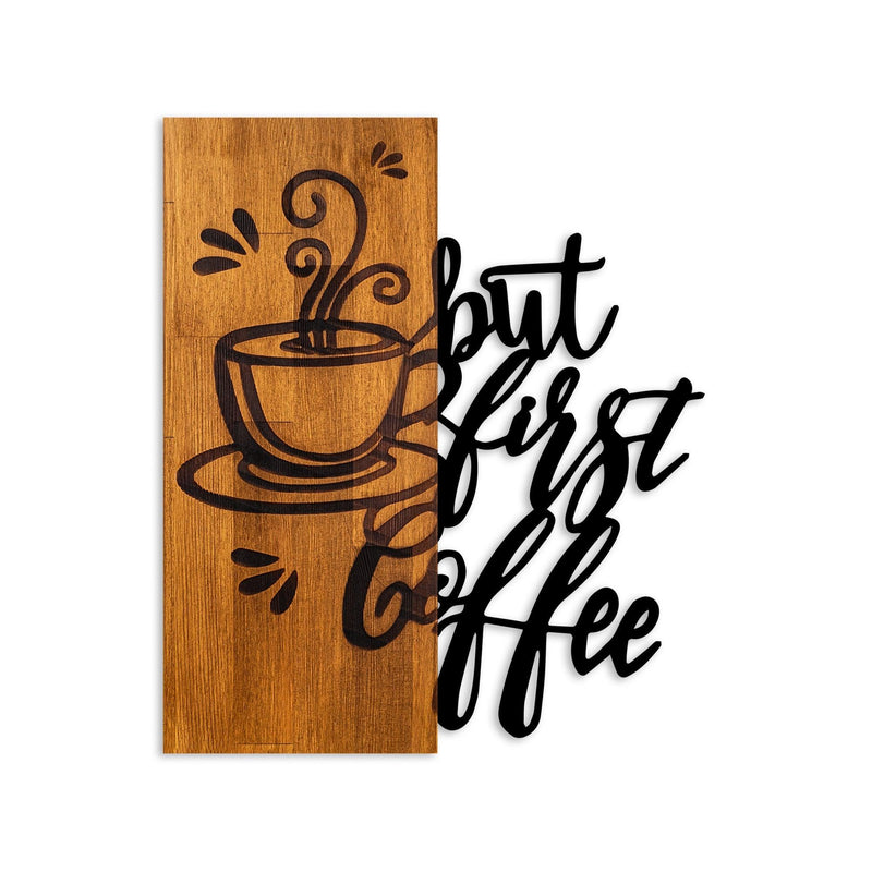 Decoratiune de perete lemn Coffee First, Nuc, 50x58x3 cm