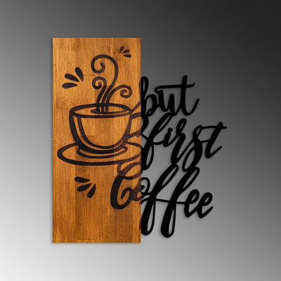 Decoratiune de perete lemn Coffee First, Nuc, 50x58x3 cm