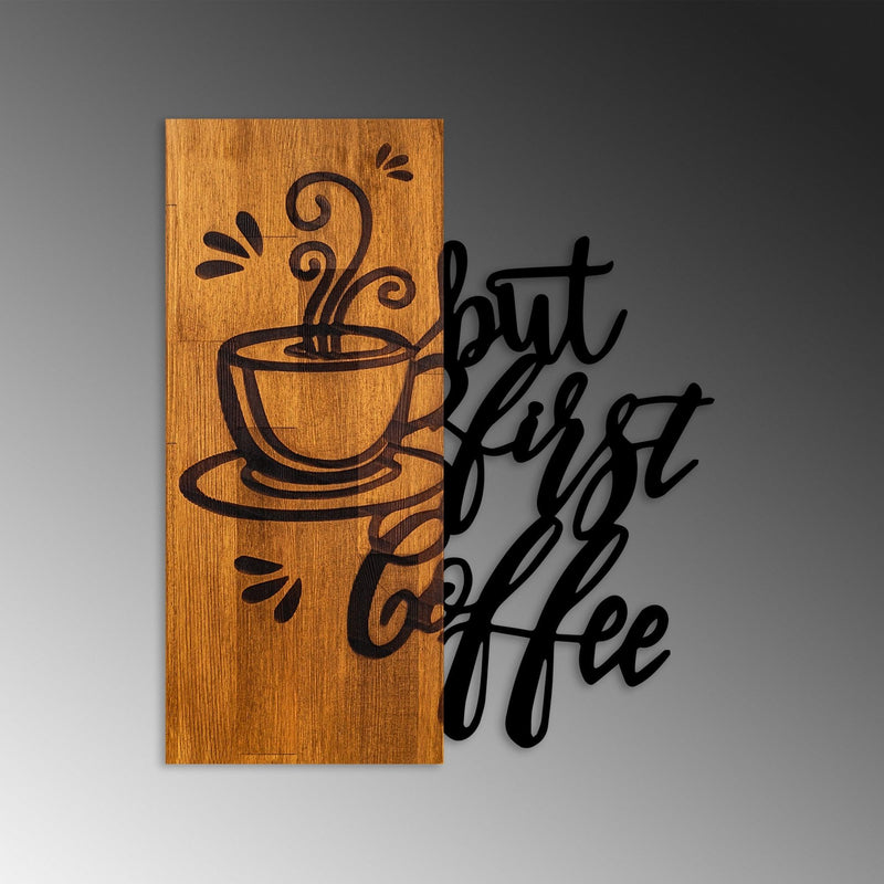 Decoratiune de perete lemn Coffee First, Nuc, 50x58x3 cm
