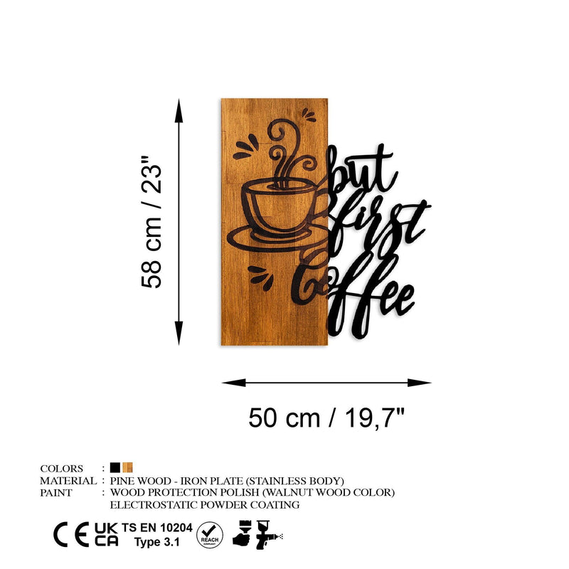 Decoratiune de perete lemn Coffee First, Nuc, 50x58x3 cm
