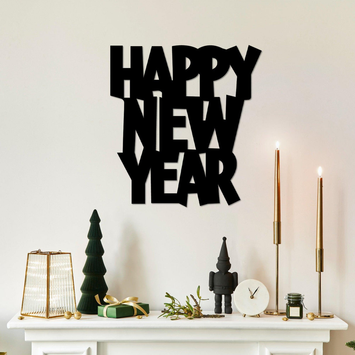Decoratiune de perete Metal New Year 4, Negru, 31x33 cm