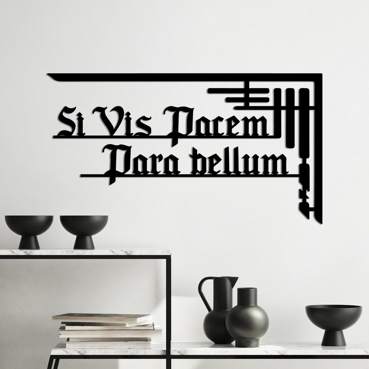 Decoratiune de perete Metal Si Vis Pacem 1, Negru, 60x33 cm