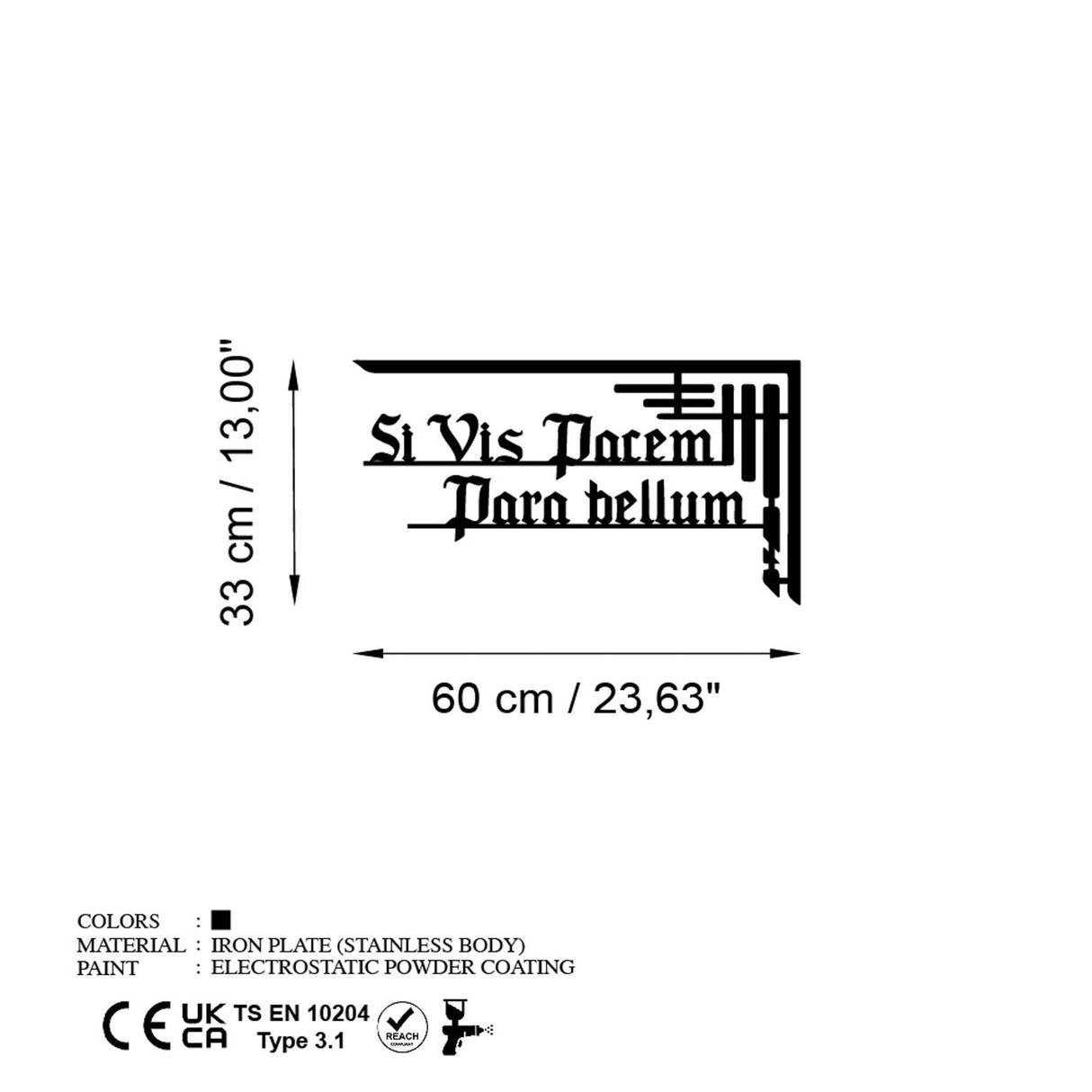 Decoratiune de perete Metal Si Vis Pacem 1, Negru, 60x33 cm