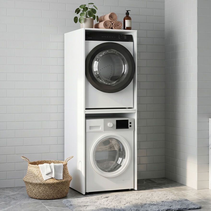 Dulap Baie Adore pentru Masina de Spalat si Uscator cu Blat Glisant, Alb, 65x182x67 cm