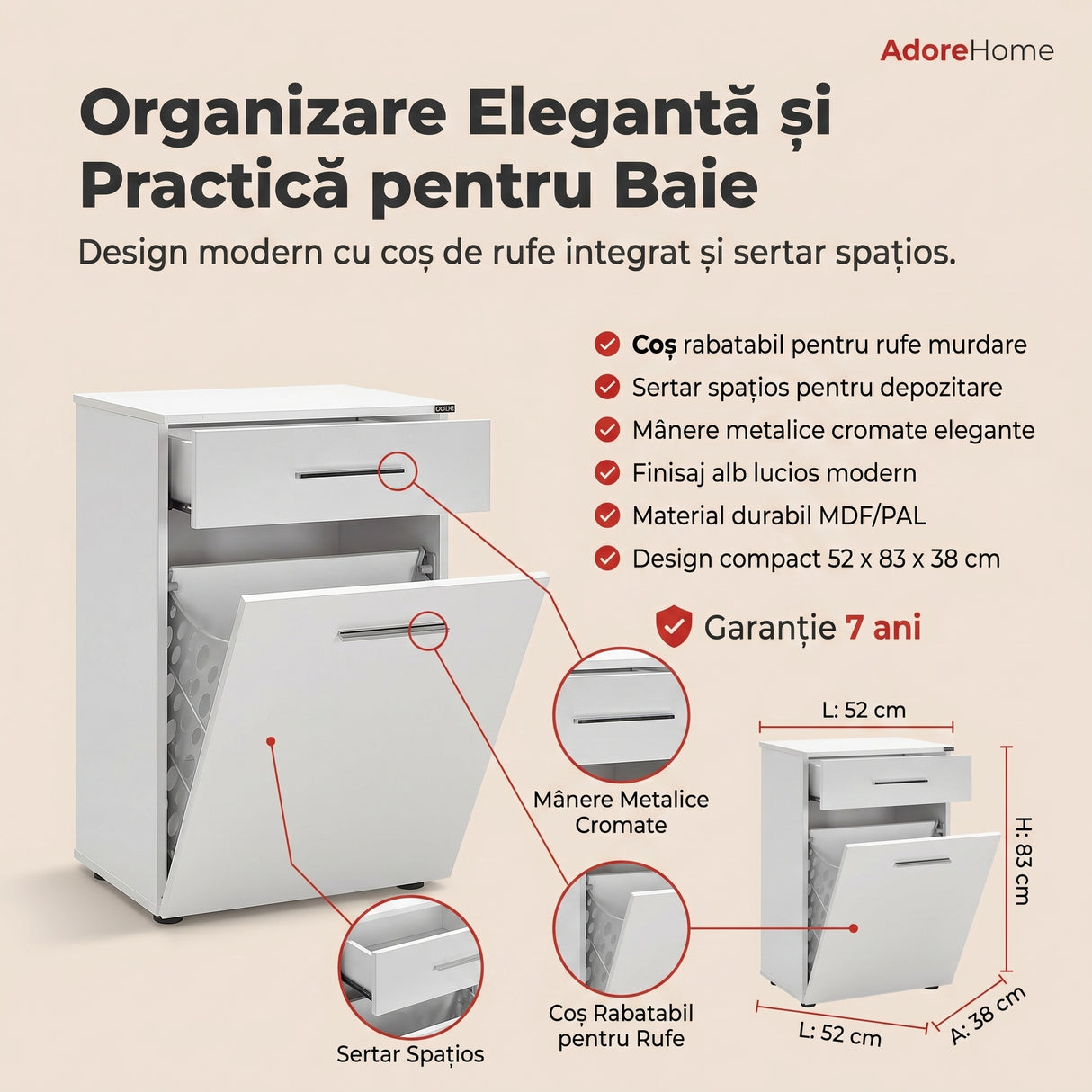 Dulap Baie cu cos de rufe Adore Diamond Mini, sertar, Alb Lucios, 52 x 83 x 38 cm