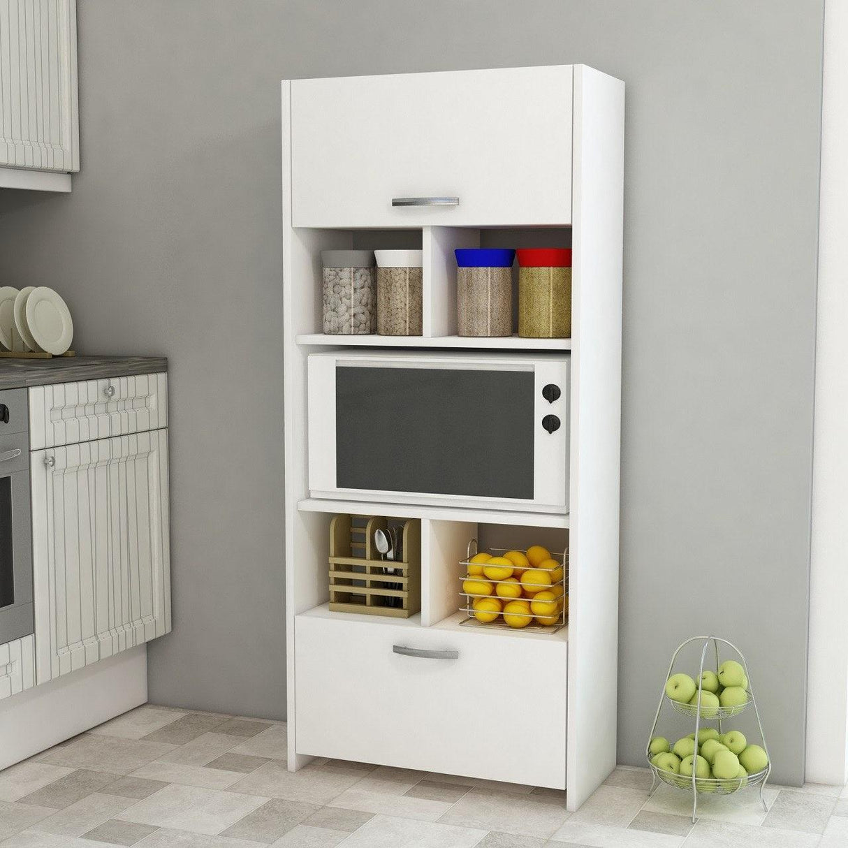 Dulap Bucatarie cu loc de Microunde si Rafturi, Alb, 65 X 180 X 35 Cm