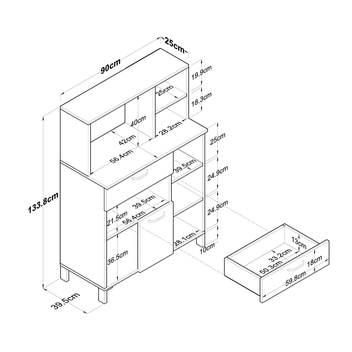 Dulap Bucatarie Tete 2 usi si sertar, Alb, 90 x 134 x 40 cm