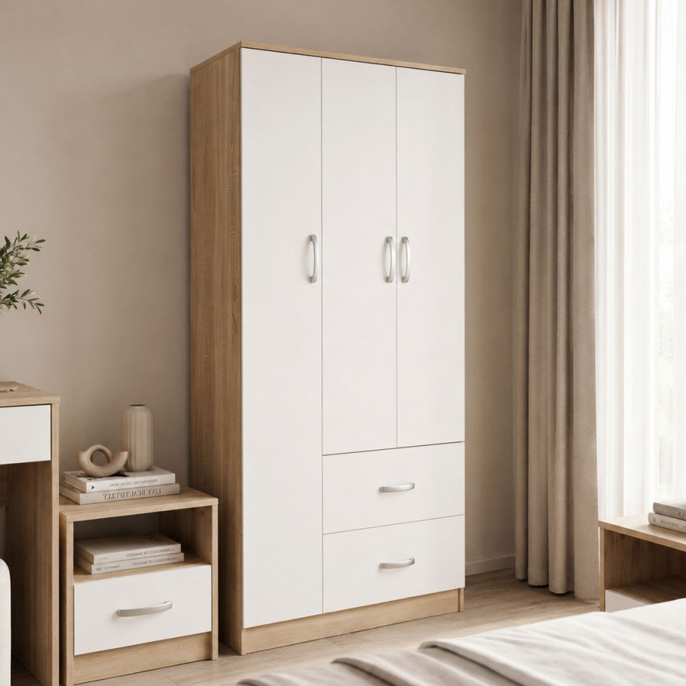 Dulap Athos cu 3 usi si 2 sertare, 90x42x180 cm - Sonoma-Alb