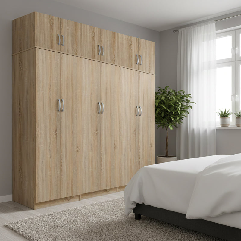 Dulap Athos II cu 6 usi si loft, 240x42x240 cm - Stejar