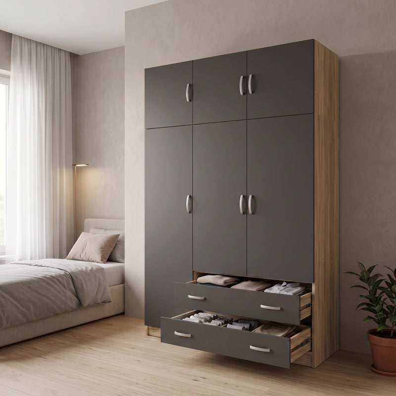 Dulap de haine Alvia, 3 usi, cu extensie superioara, 150x51x240 cm - Sonoma-Antracit