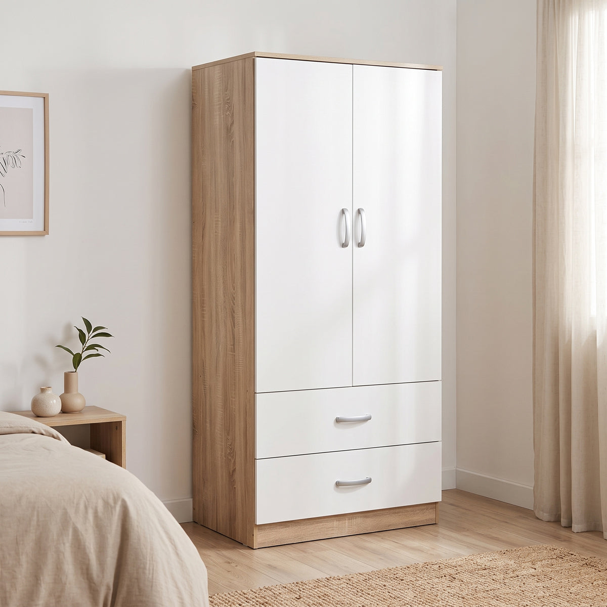 Dulap de haine Double-leaf wardrobe cu 2 drawers Alvia, Diverse culori, 80x52x180 cm - Alb-Sonoma