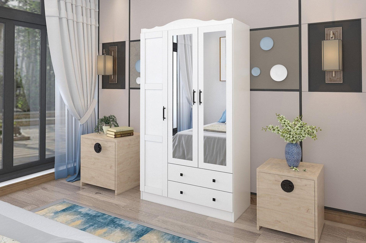 Dulap de Haine Sahra cu 3 Usi cu Oglinda si 2 Sertare, Alb, 105 x 186 x 56 cm