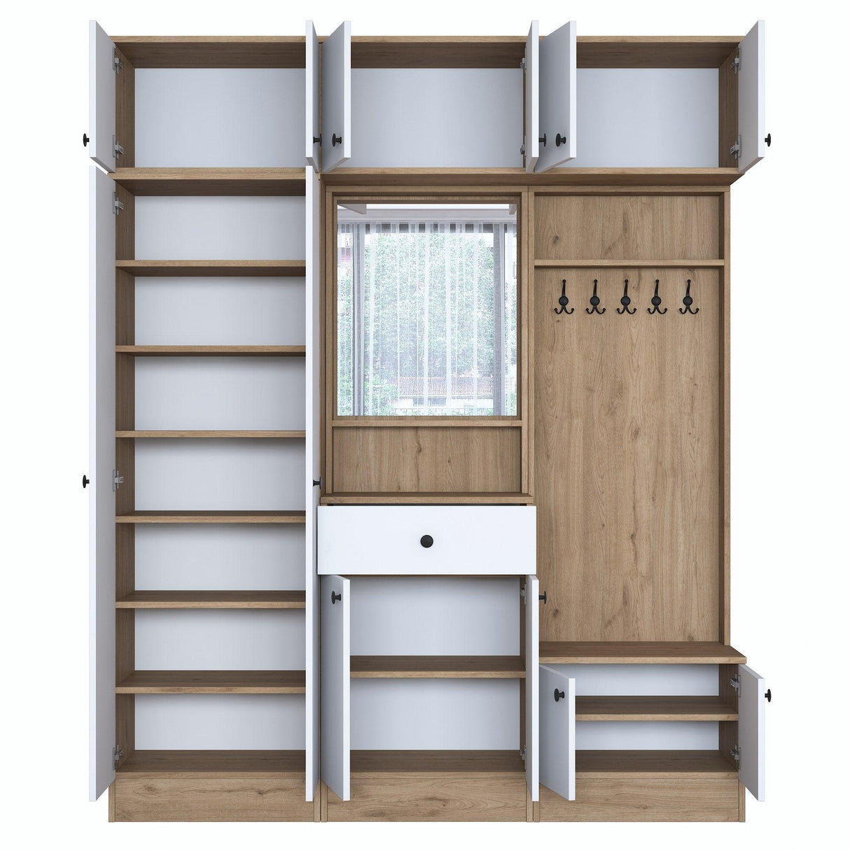 Dulap de Pantofar 12 usi cu oglinda , Nuc, 180 x 226 x 38 cm