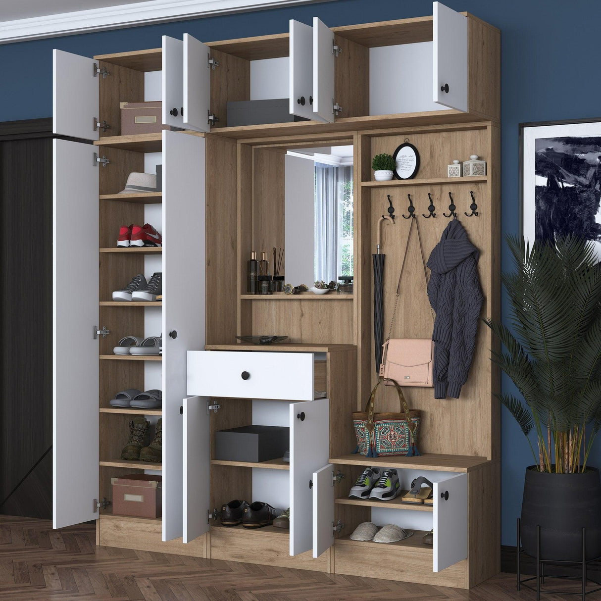 Dulap de Pantofar 12 usi cu oglinda , Nuc, 180 x 226 x 38 cm