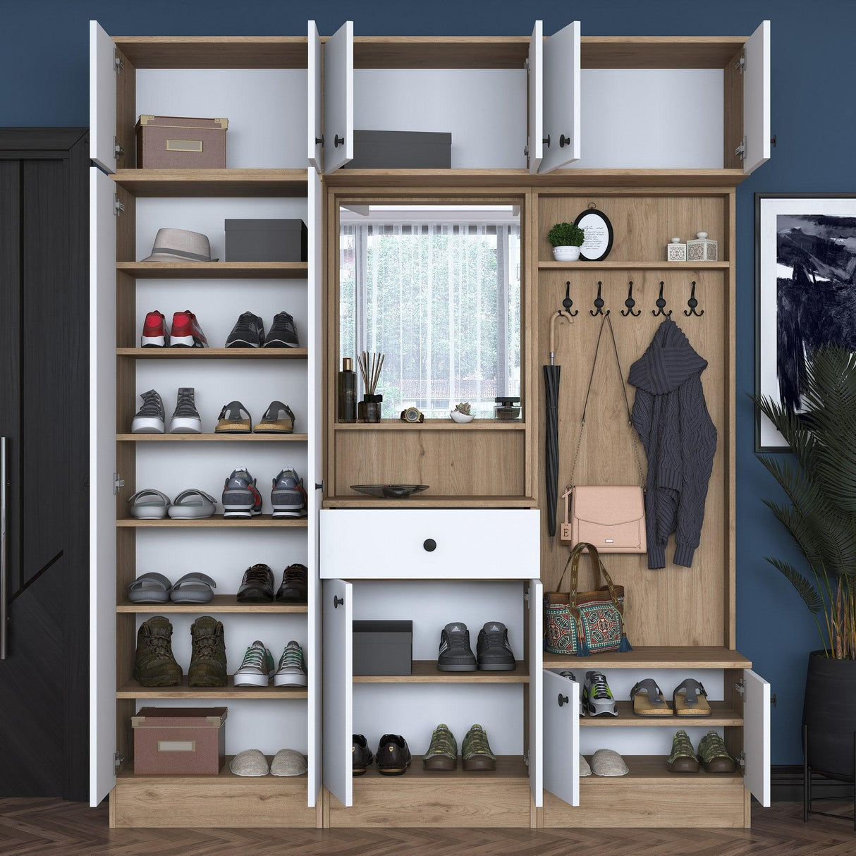 Dulap de Pantofar 12 usi cu oglinda , Nuc, 180 x 226 x 38 cm