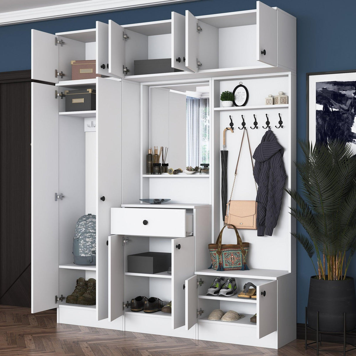 Dulap de Pantofar Kent cu mult usi , Alb, 180 x 227 x 36 cm