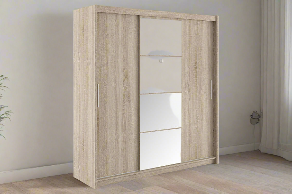 Dulap Elodie cu 3 usi culisante cu oglinda, Alb - Sonoma, 200x61x216 cm - Alb