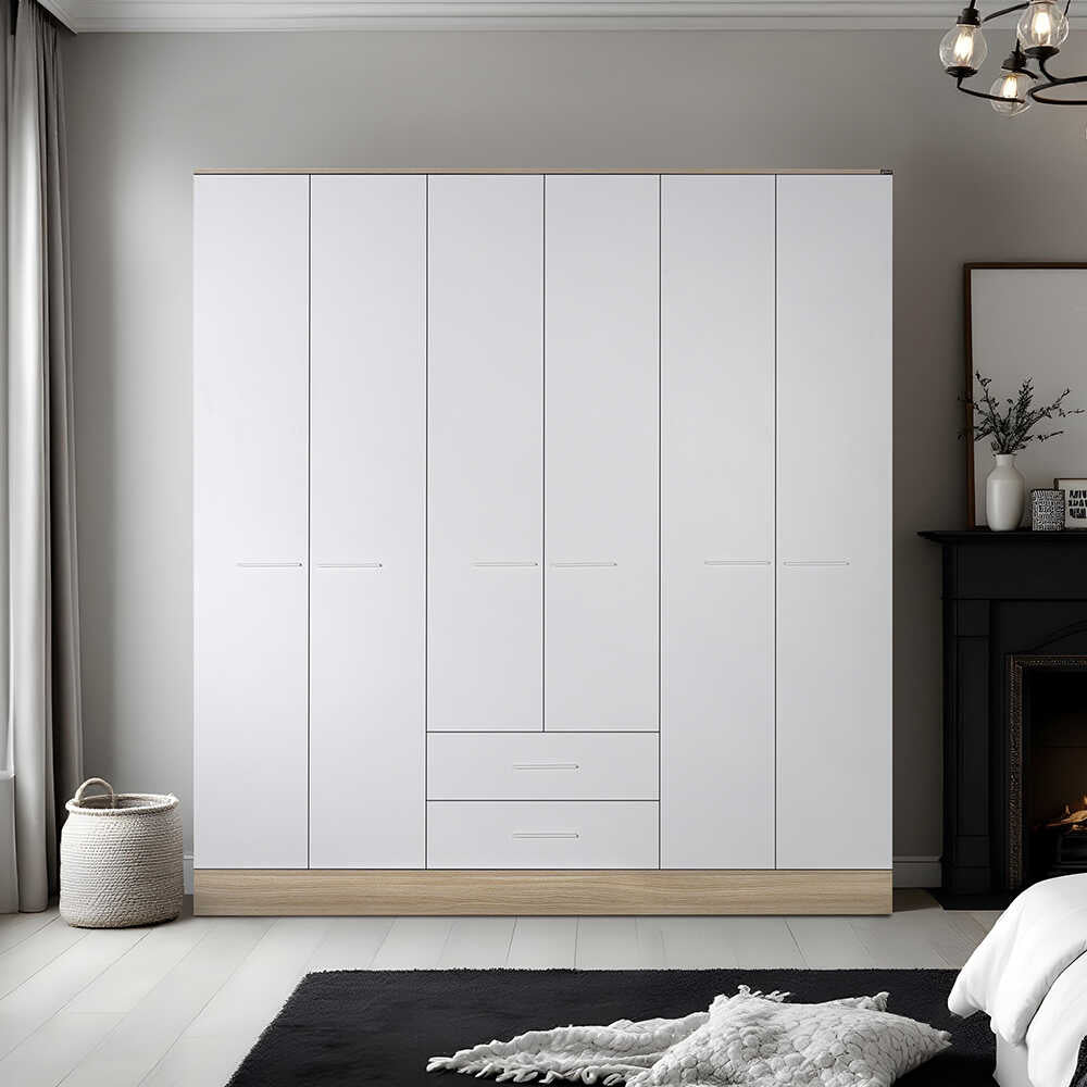 Dulap Haine Adore Base, 6 usi, 2 sertare, Alb, 206 x 224 x 52 cm