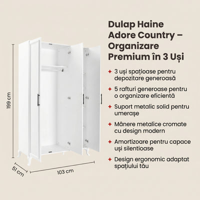 Dulap Haine Adore Country, 3 usi, Alb, 103x199x51 cm, detaliu produs