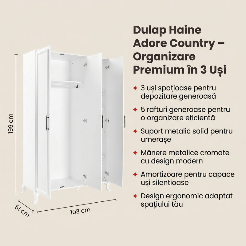 Dulap Haine Adore Country, 3 usi, Alb, 103x199x51 cm, detaliu produs