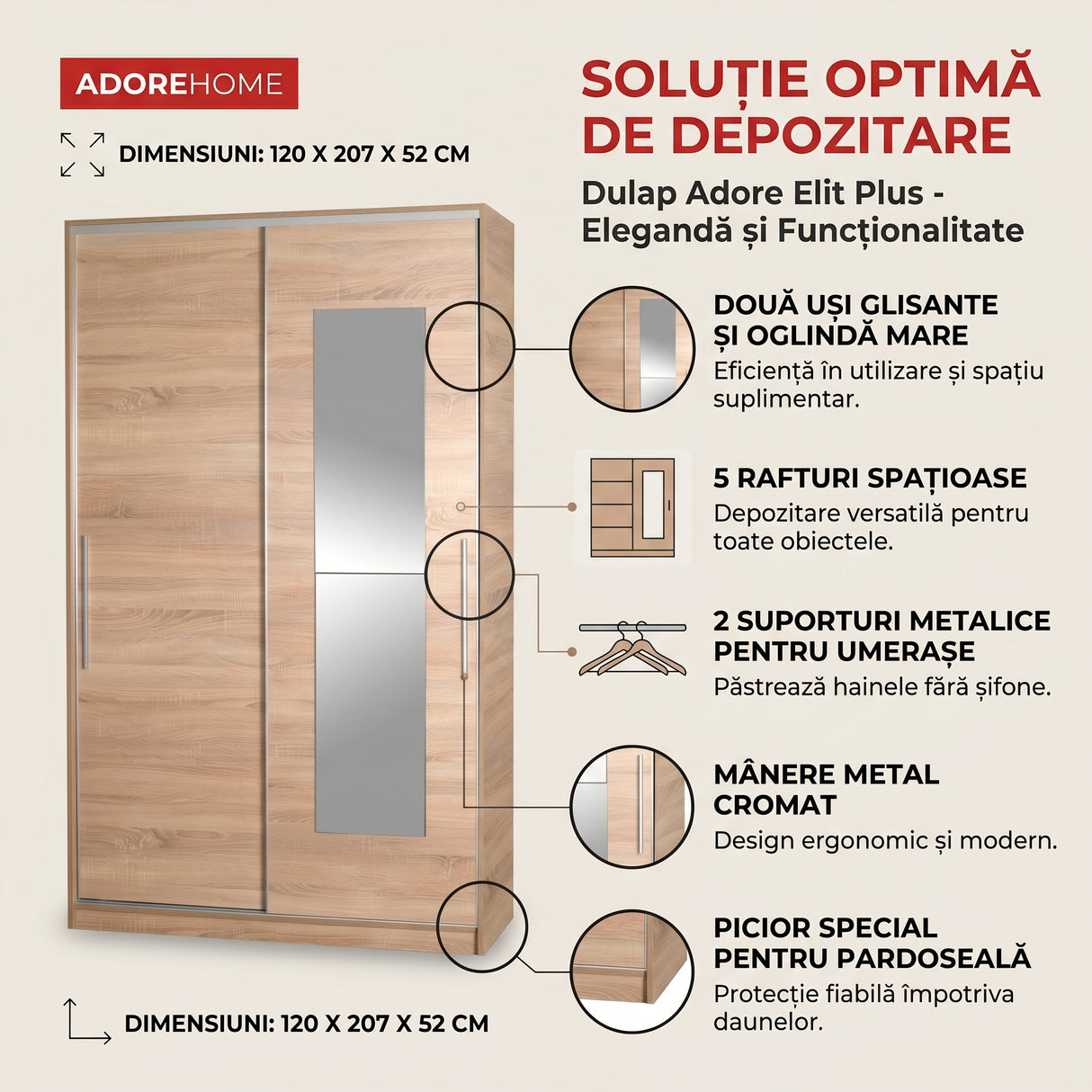 Dulap Haine Adore Elit Plus, 2 usi glisante cu oglinda, Sonoma, 120x207x52 cm