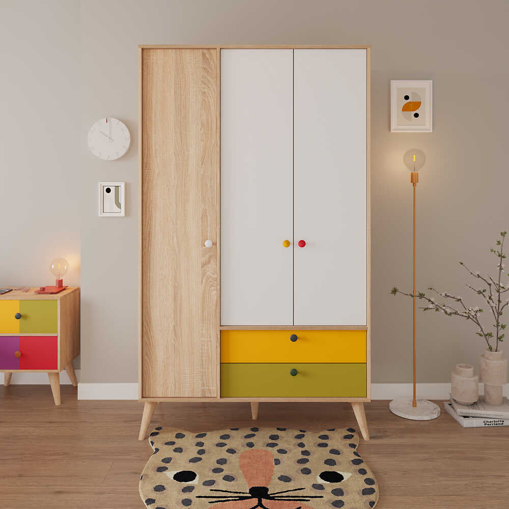 Dulap Haine Adore Rainbow, 3 usi, 2 sertare, Sonoma / Alb, 121 x 204 x 54 cm
