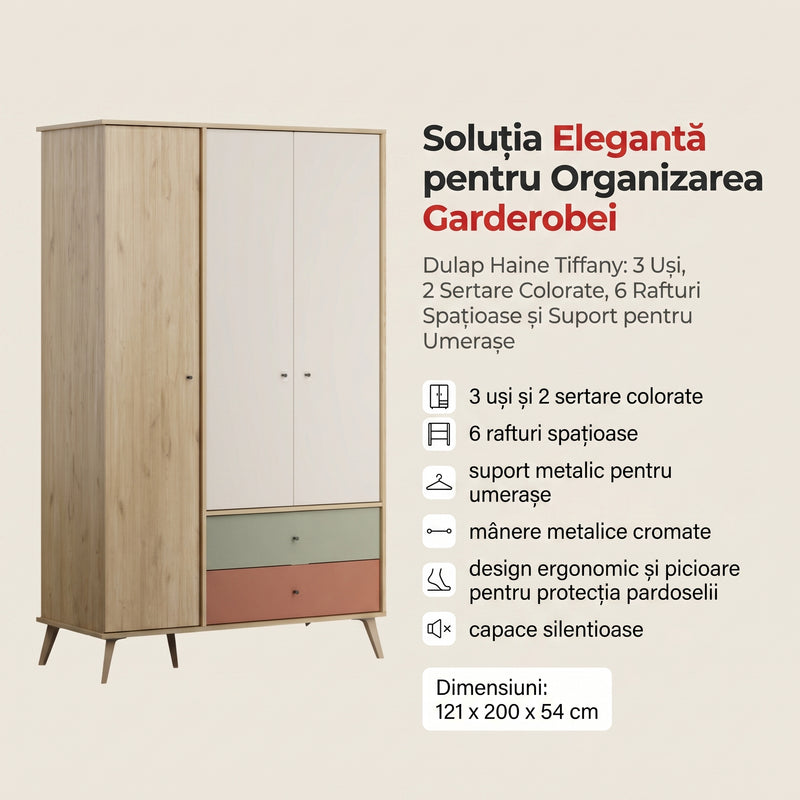 Dulap Haine Adore Tiffany, 3 usi, 2 sertare, Multicolor, 121x200x54 cm, detaliu produs
