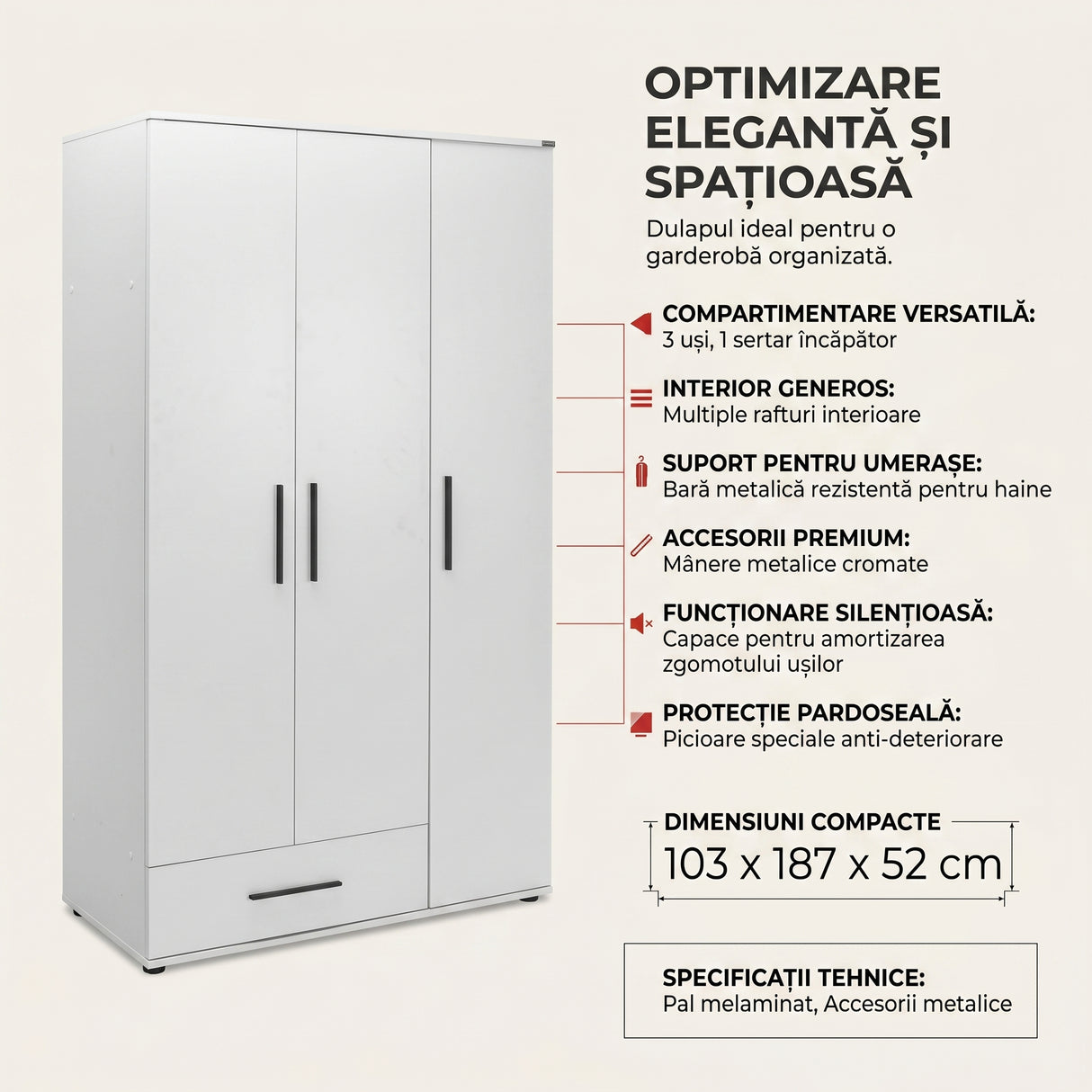 Dulap Haine Adore Trendline, 3 usi, 1 sertar, Alb - Stejar, 103x187x52 cm - Alb