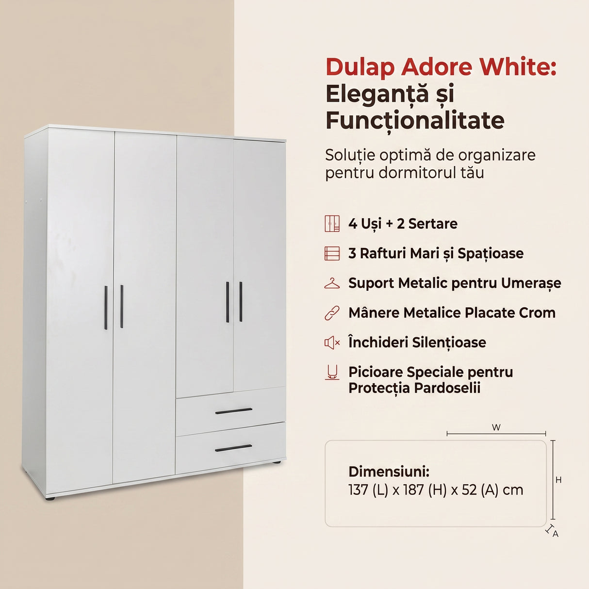 Dulap Haine Adore White, 4 usi si 2 sertare, Alb, 137x187x52 cm