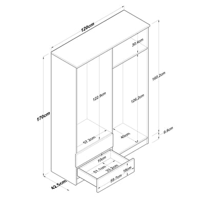 Dulap Haine Cedi 4 usi si 2 sertare si 2 bare de umerase, Nuc, 120 x 170 x 43 cm