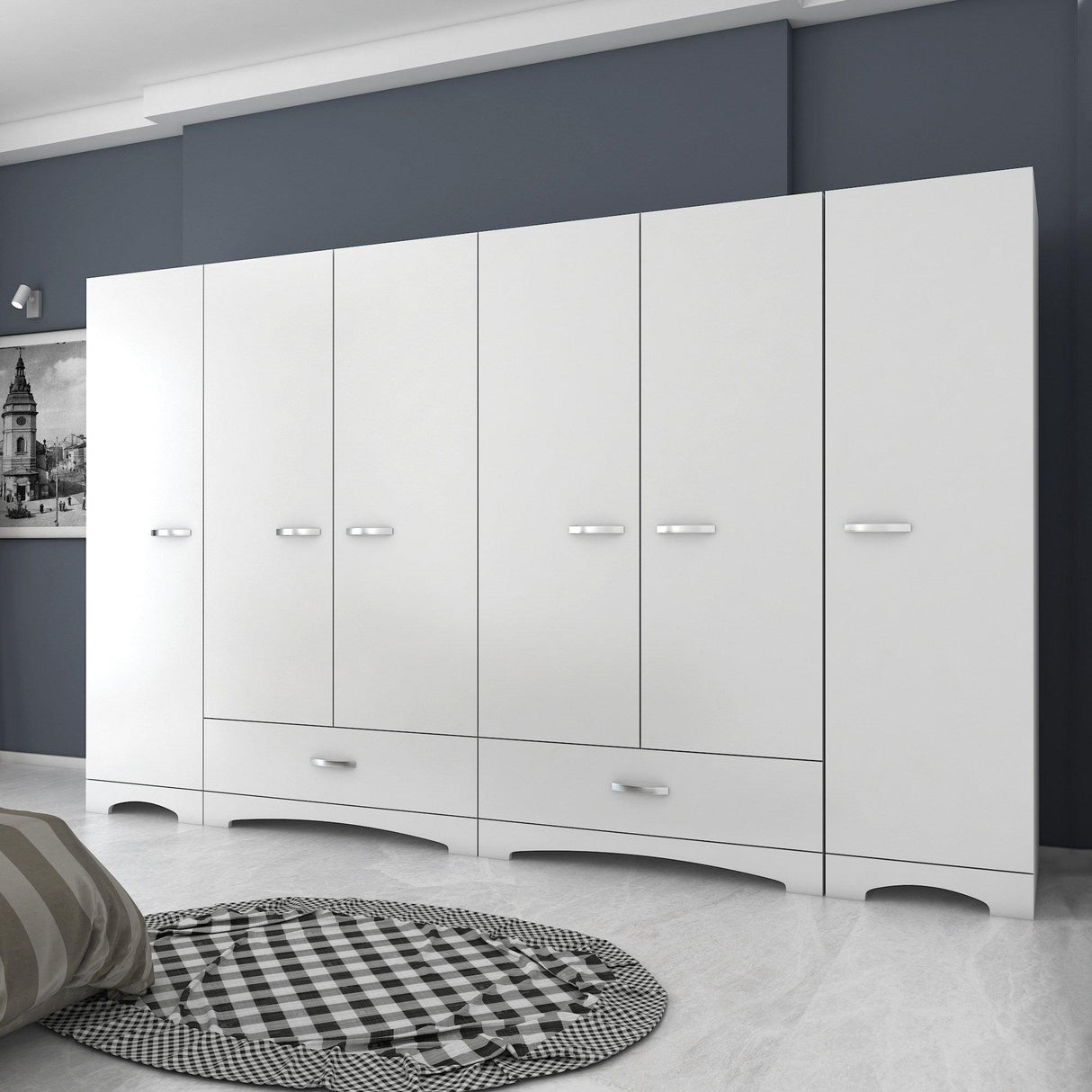 Dulap Haine Dormitor Ema 6 usi si 2 sertare, Alb - Nuc Alb, 243x181x48 cm - Alb