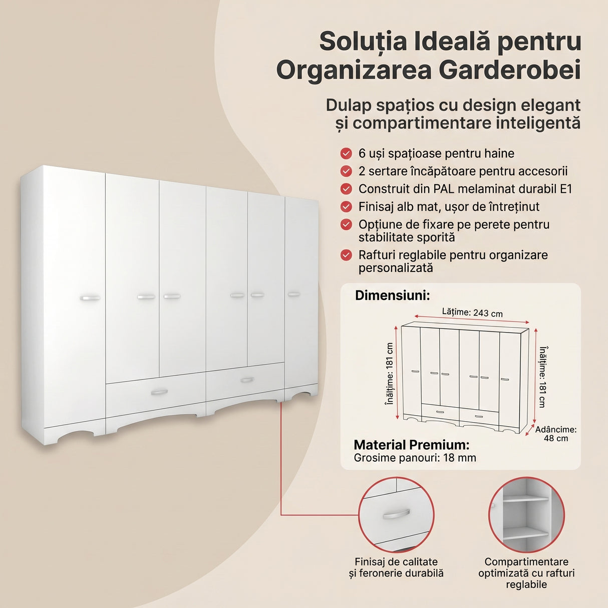 Dulap Haine Dormitor Ema 6 usi si 2 sertare, Alb - Nuc Alb, 243x181x48 cm - Alb