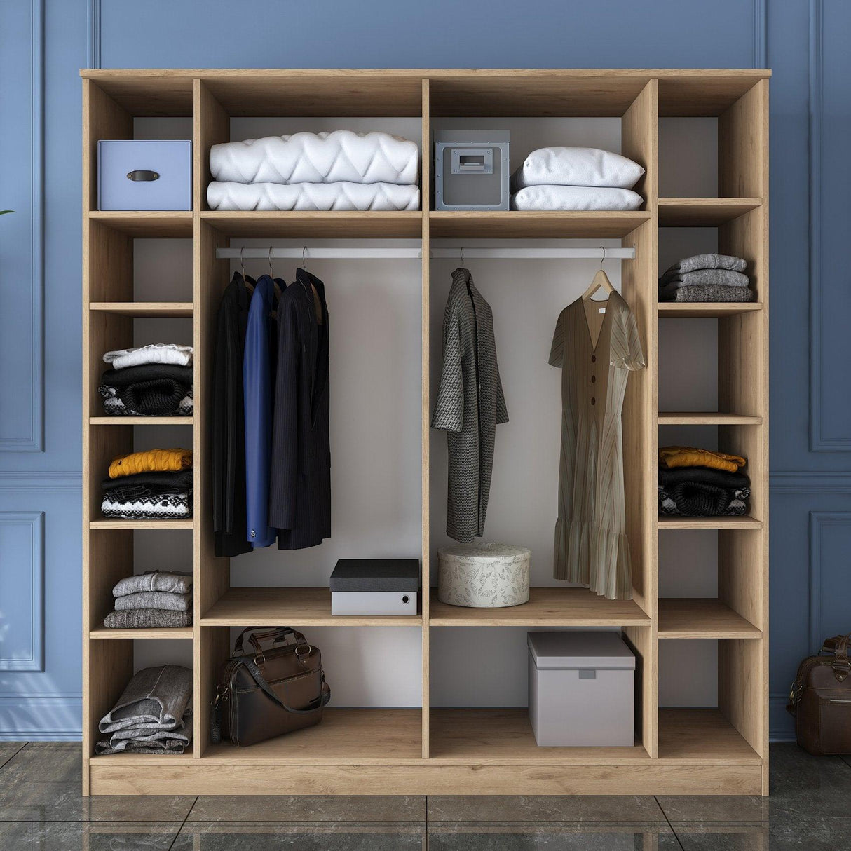 Dulap Haine Gustavo 6 usi, Alb - Nuc, 180 x 191 x 47 cm