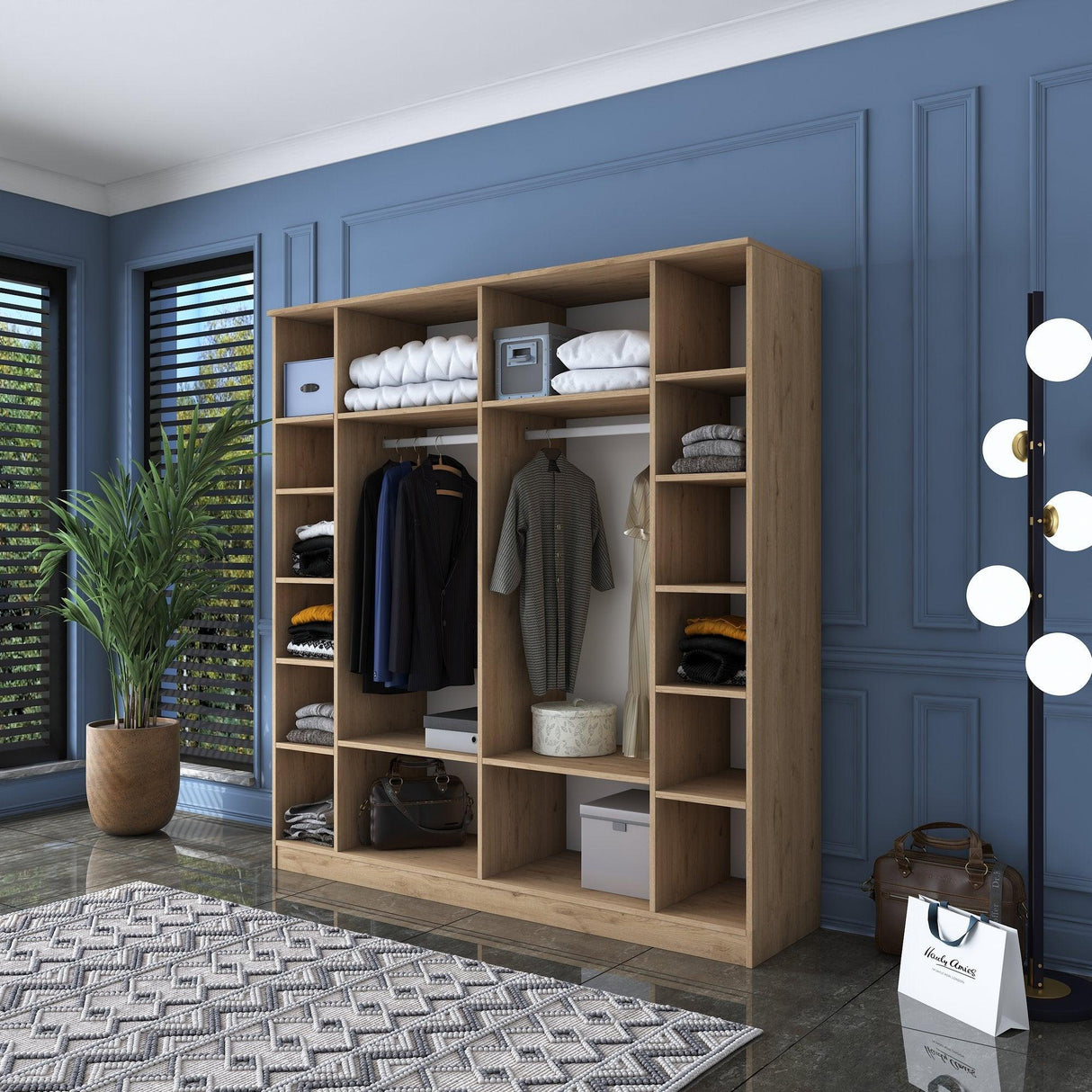 Dulap Haine Gustavo 6 usi, Alb - Nuc, 180 x 191 x 47 cm