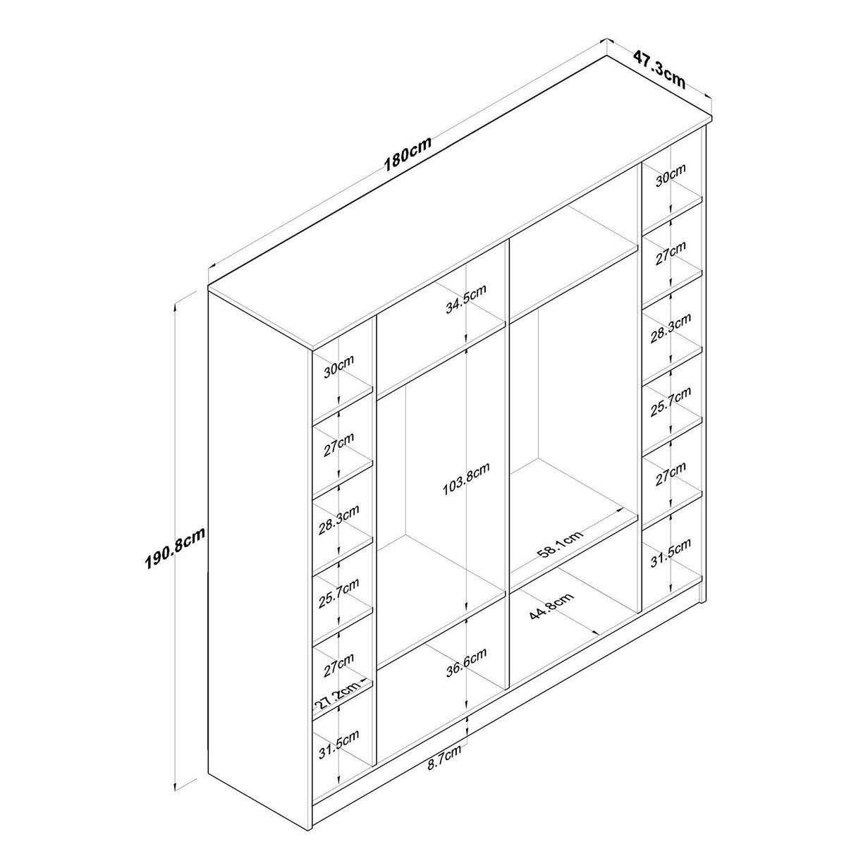 Dulap Haine Gustavo 6 usi, Alb - Nuc, 180 x 191 x 47 cm
