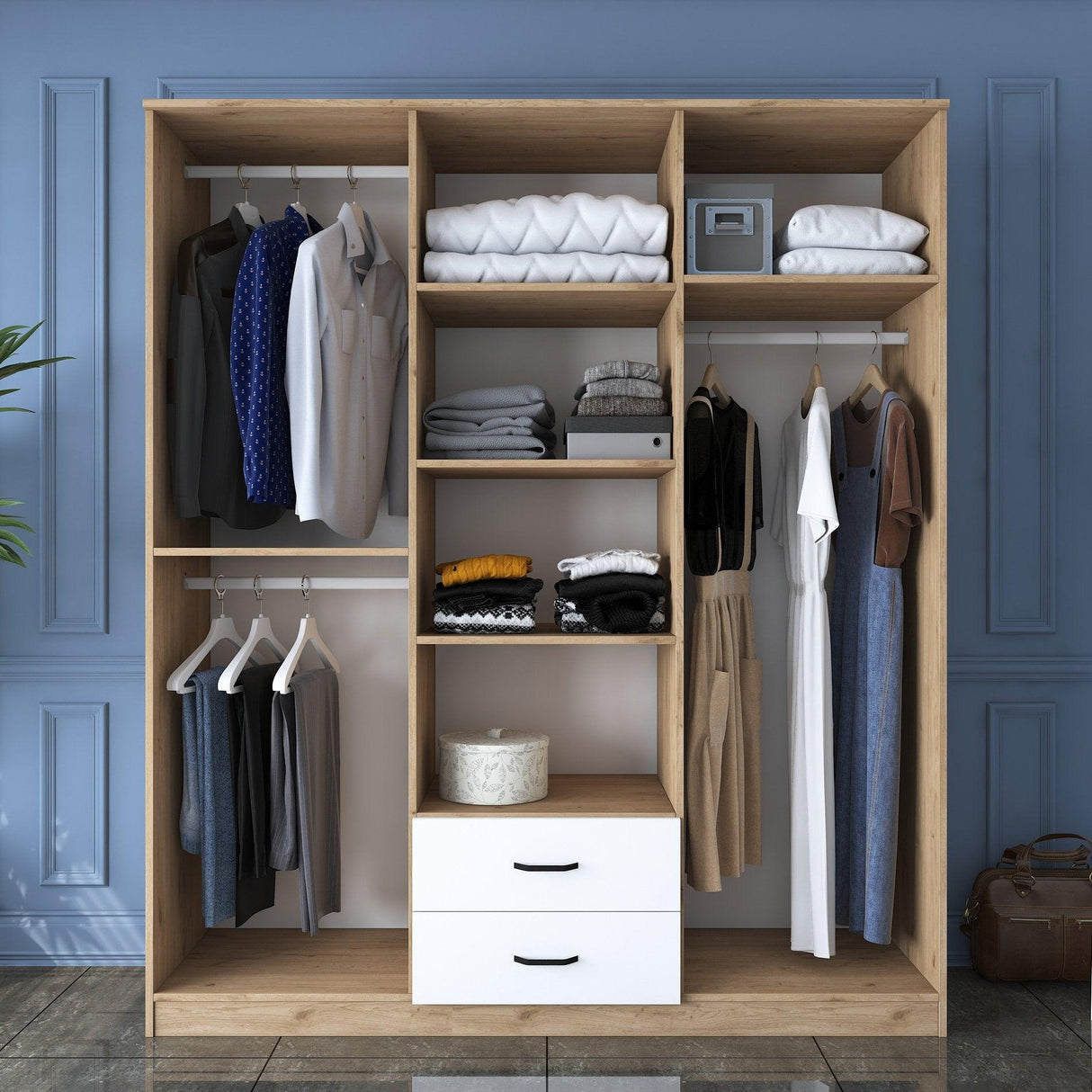 Dulap Haine Nesil 6 usi cu 2 sertare, Nuc, 180 x 210 x 52 cm